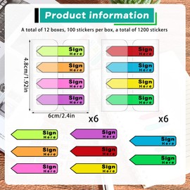 Tatuo 1200 Pcs Sign Here Tabs Colored Flag Stickers Self-Stick Notes 8 Colors with Dispenser Arrow Flag Easy to Post for Notary Books Paper (Sign Here)
