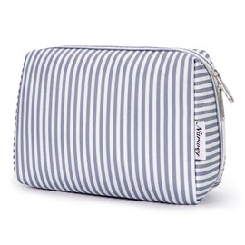 Large Makeup Bag Zipper Pouch Travel Cosmetic Organizer for Women (Greyish Blue Stripe, Large)