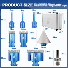 Diamond Core Drill Bit Set - BRSCHNITT 1/4" 5/16" 3/8" 1" 1-3/8" 2" 2-1/2"Diamond Tile Hole Saw Kit for Drilling Porcelain Tile Ceramic Marble Granite,2" Diamond Chamfer Bit&Adapter