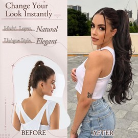 AISI BEAUTY Ponytail Extension, Brown Drawstring Ponytail Extension for Women 26 Inch Synthetic Long Wavy Dark Brown Layered Pony Tails Hair Extensions Clip in hairpieces fow Women