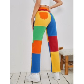 WDIRARA Women's Color Block Raw Hem High Waisted Jeans Straight Leg Denim Pants Multicolor XS