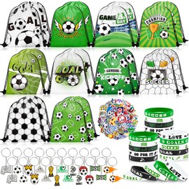 Grneric 110 Pcs Soccer Party Favors Drawstring Bags with Keychains Silicone Bracelets Stickers Soccer Goodie Bags Gift Bags for Sports Birthday Party Supplies Soccer Themed