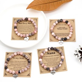 HMOOY Natural Stone Beaded Bracelets For Women, Unique 8 mm Pink Zebra Stone Heart Charm Inspirational Bracelets With Message Card Birthday Ideal Gifts for Mom Aunt Friend Lover (Nurse)