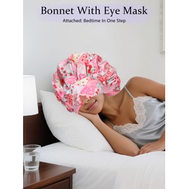 Sese Code Bonnet With Eye Mask Attached Satin Bonnets With Tie For Sleeping Women Hair Caps Curly Hair Pink