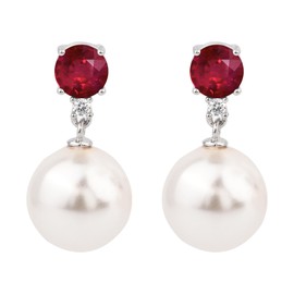 V3 Jewelry 925 Sterling Silver with Freshwater Pearl, Red Ruby and White Sapphire Dangle Earrings for Women's