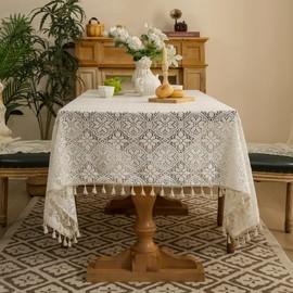 LOHUT Beige Embroidered Crochet Tablecloth Rectangle with Tassels, Boho Floral Lace Tablecloth Geometric Tablecover for Kitchen Dinning Wedding Party Decoration 60"X102"