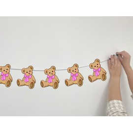 AK Giftshop Teddy Bear Pink Christening Baby Shower Birthday Bunting Party Decorations - 12pcs / 2.5m Ribbon