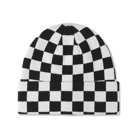 LumiSyne Knitted Hat for Men and Women, Checked Pattern, Double Purpose Hat with Cuffs and Slouchy Beanie, Double Layer Fabric, Stretchy Warm Baggy Skull Cap, Winter Hat for Outdoor Use, White