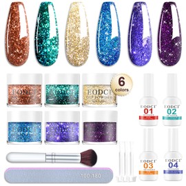Eodci 12 Pcs Dip Powder Nail Kit Starter, 6 Colors Glitter Blue Starry Green Sparkle Purple Dipping Powder Kit with Base & Top Coat, Nail Art Dip Manicure Kits for Women