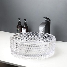 KECTIAKL Crystal Bathroom Vessel Sink with Faucet and Drain Combo,Diamond Shaped Clear Tempered Glass Vessel Sink Above Counter Round Sink Bowl Art Basin