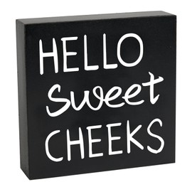 Hello Sweet Cheeks Wooden Box Sign, Hello Sweet Cheeks Bathroom Decor, Funny Bathroom Shelf Decor Wall Decor Bathroom Signs, Rustic Black Farmhouse Sign