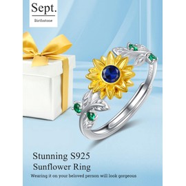 September Birthstone Jewelry Sapphire Ring Sterling Silver Sunflower Rings for Women Sunflower Flower Rings Adjustable Sunflower Ring Jewelry Gifts for Women