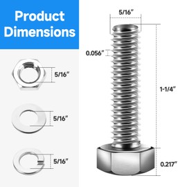 (10 Sets) 3/8 Bolt, 3/8-16 x 1-1/4" Hex Head Screws, Assorted Screws Nuts and Bolts with Flat & Lock Washers, 3/8 Bolts and Nuts Set, 304 Stainless Steel 18-8 by Marysino