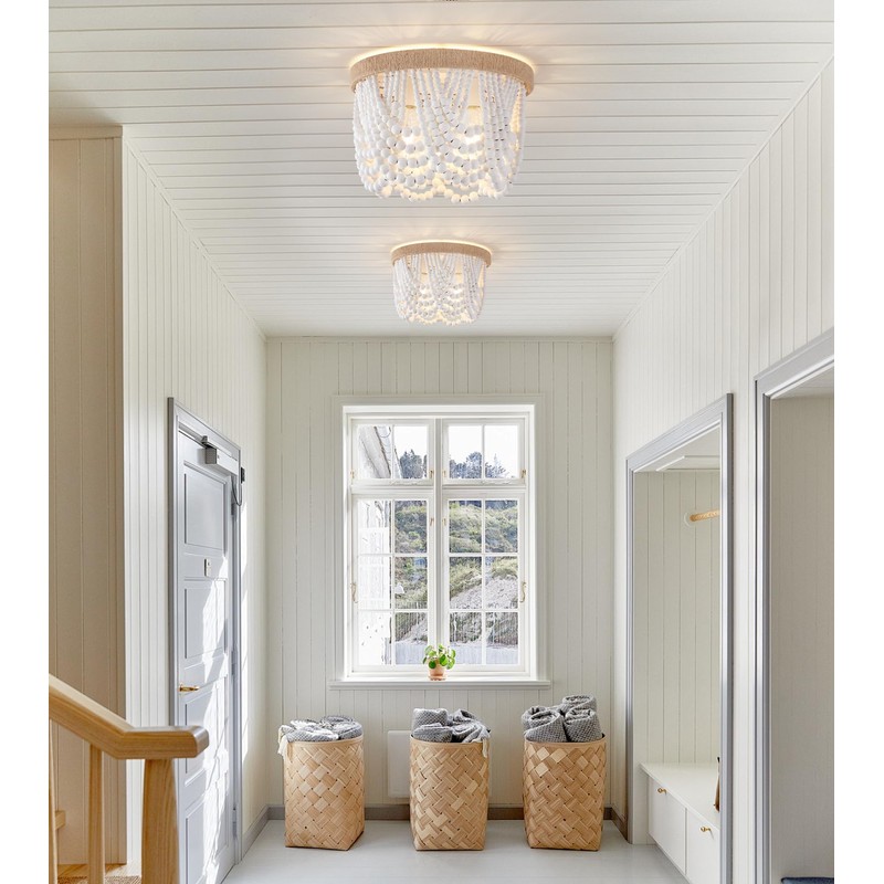 AMZASA White Boho Wood Beaded with Hemp Rope Flush Mount