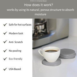 ROCCIA Home Decor Stone Coaster Set - 4 Stone Coasters with Absorbent Diatomaceous Earth for Quick Drying Round Coasters for Drinks Modern Home Decor (Slate Grey)