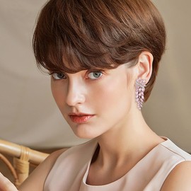 Clearine Bridal Long Drop Earrings Marquise Cluster Dangle Earrings for Women Bridesmaid Wedding Guest Pink Silver-Tone