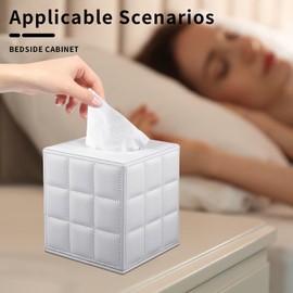RHCSZ Tissue Box Cover Square,Stylish PU Leather Tissue Box Holder for Dresser Bathroom,Facial Tissue Holder with Magnetic Bottom for Home Office (White)