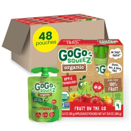 GoGo squeeZ No Sugar Added Organic Applesauce and Fruit Puree Apple Strawberry, 3.2 oz Pouches (Pack of 48), Fruit Snacks for Kids, Gluten Free, Nut Free, Recloseable Cap, BPA Free