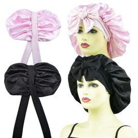 Silk Bonnet for Sleeping Women Curly Hair Long Hair Braids, 2 PCS Double Layer Satin Bonnet with Tie, Silk Lined Sleep Caps