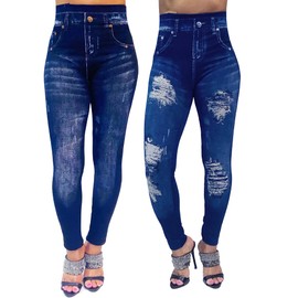 CLOYA Women's Denim Print Fake Jeans Seamless Full Length Leggings (Small/Medium, Blue/Rustic Bundle)