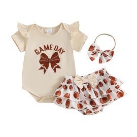 ZIXILOVGIR Baby Girl Football Outfit Game Day Bow Romper Rugby Layered Bloomers Shorts Boutique Summer Clothes+Headband (Khaki Football,12-18 Months)
