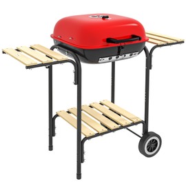 CHARMMA 17" Portable Charcoal Grill with Wheels, 2 Side Tables and Bottom Shelf, BBQ with Adjustable Vents on Lid for Picnic, Camping, Backyard, Cooking, Red