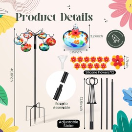 Chunful Hummingbird Feeders for Outdoors Hanging (6 Feeding Stations) Hand Blow Glass Hummingbird Feeder with Shepherd Hook and Adjustable Hight Bird Feeder for Outside, Home Garden Yard, Never Leak