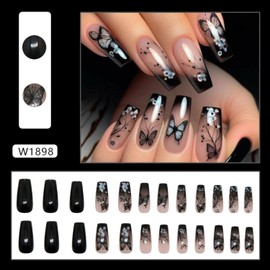 Medium Square Press on Nails French Tip False Nails with Leopard Print 3D Flower and Stars Designs Fake Nails Embossed Acrylic Nails Full Cover Stick on Nails for Women 24 Pcs (P-7, M-7)