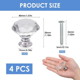 4 Pack Crystal Cabinet Knobs with Screws, 40mm Diamond Cut Drawer Handles, Crystal Glass Furniture Door Knobs for Wardrobe Cupboard Dresser Sideboard Kitchen Bathroom Modern Home Upgrade (Silver)