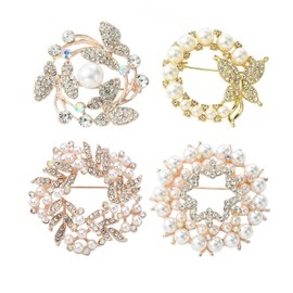 UR URLIFEHALL 4 Pcs Imitation Pearl Flower Brooches Pins Rhinestone Floral Pin Badges Wreath Brooch for Scarf Wedding Prom Party Corsage Decor