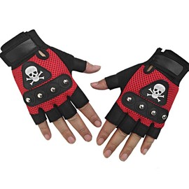 SZTLKHH Men's Punk Rock Biker Gothic Skull Gloves Motorcycle Skeletal Rivet Cycling Driving Fingerless Mitten (Red)