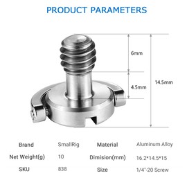 SmallRig D Shaft D-Ring 1/4 Inch Male Mounting Screw Adapter for DSLR Camera Rig Quick Release Plate - 838