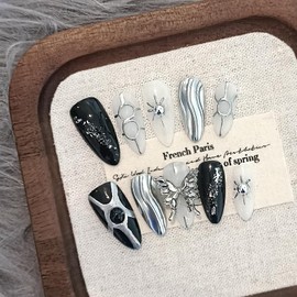 TENPAL Handmade Press on Nails Almond,Dark Sweet Cool Fake Nails with Metallic Designs 3D Butterfly,Reusable Soft Gel False Nails with Tools,Silver Black Nails for Party,10pcs Glue on Nails,Large Size