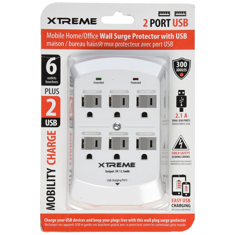 Xtreme 28621 6-Outlet Wall Tap with 2 USB Ports