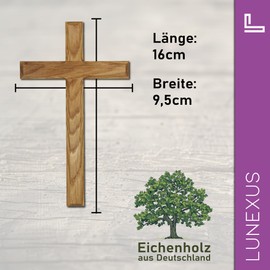 Lunexus Wandkreuz mit Fase aus Eichenholz gesegnetes Kreuz mit Zertifikat – 16x9,5 cm Holzkreuz zur Aufhängung – Taufkreuz Kommunion Konfirmation Geschenk Haussegen christlich