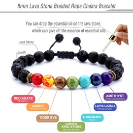 Hamoery Men Women 8mm Lava Rock Chakra Beads Bracelet Braided Rope Stone Agate Bracelet Bangle(Lava Chakra)