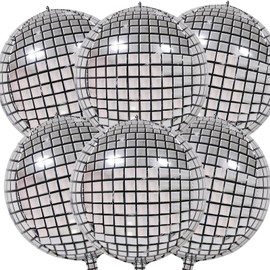 6 Pieces 22 Inches Large Silver Disco Ball Balloons - Large 4D Round Foil Mylar Mirror Balloons for 70s Disco Dance Decorations Birthday Wedding Graduation Party Supplies
