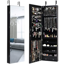 OFFICEJOY Wall/Door Mounted Jewelry Armoire w/Full-Length Mirror & LED Lights, Lockable Jewelry Armoire Mirror Organizer, Jewel Storage Hanging Cabinet w/Scarf Rod, 36 Hooks, 1 Makeup Pouch (Black)