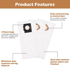 49-90-2016 Fleece Dust Bags, Fits For MILWAUKEE 0960-20 & 0970-20 M18 PACKOUT Vacuum, 3 Packs
