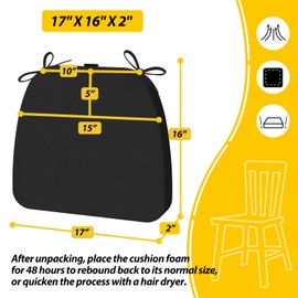 AAAAAcessories D-Shaped Chair Cushions, 2" Thick Dining Chair Pads with Ties and Removable, Machine-Washable Cover, 17" x 16", Set of 2, Black