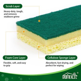 HOMEXCEL Sponges Kitchen 12pcs, Heavy Duty Sponges for Dishes, Scrub Cleaning Sponge for Non-Coated Cookware, Dishes, Pots, Pans, Dual Sided Dish Sponge for Kitchen, Household, Bathroom and More