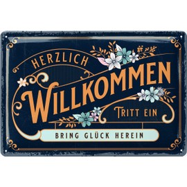 LANOLU Retro Tin Sign "Herzlich Willkommen" Sign – Welcome Decorative Garden, Sign for Front Door and Entrance Door with Saying – Welcome Sign as Door Decoration – Door Sign, 20 x 30 cm