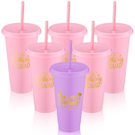 Jingmore Birthday Party Tumblers 24 oz Squad Plastic Tumblers with Lid and Straw for 20th 30th 40th 50th 60th Birthday Decorations Favor for Women Adults (Purple, Pink,6 Pcs)