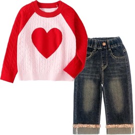Peacolate 2-7T Spring Fall Little Girls 2pcs Clothing Set Heart Sweater and Straight Jeans (Red,3-4Years)