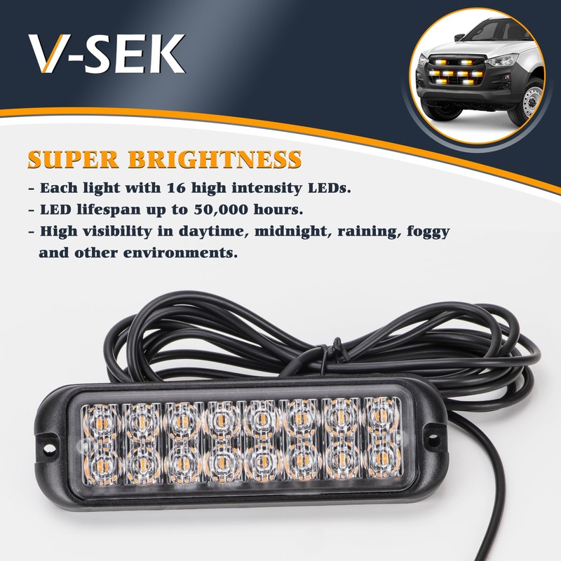 V-SEK Amber White LED Strobe Lights Kit - 8PCS 16-LED