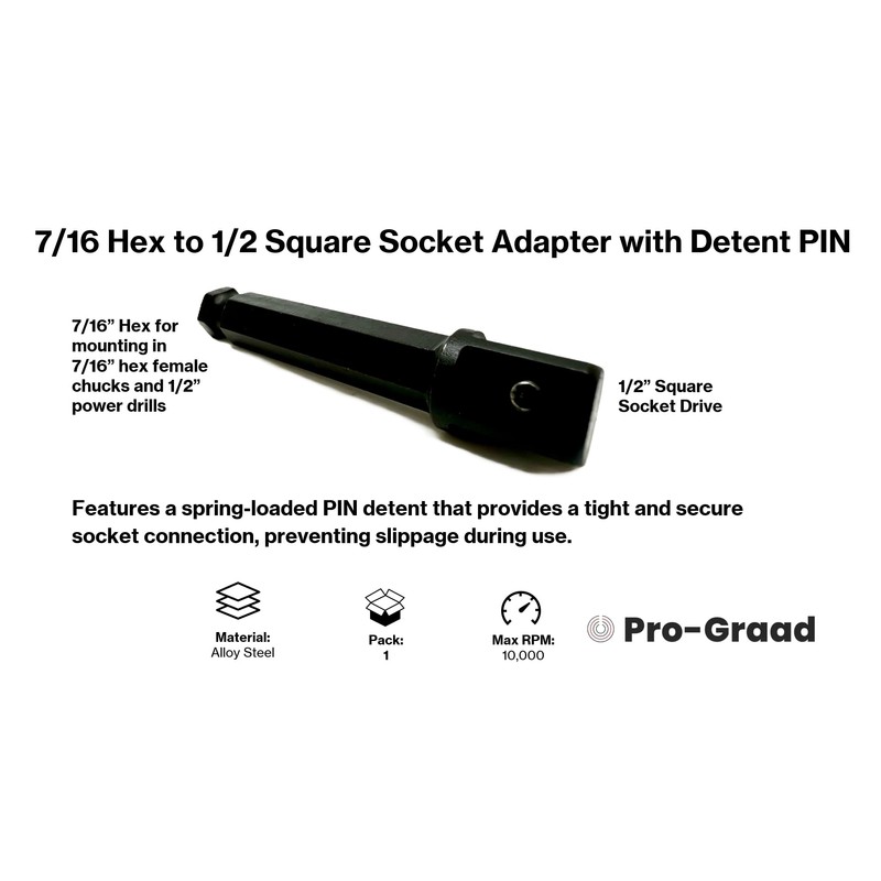 Pro-Graad 7/16 Hex to 1/2 Square Socket Adapter Drive Converter,