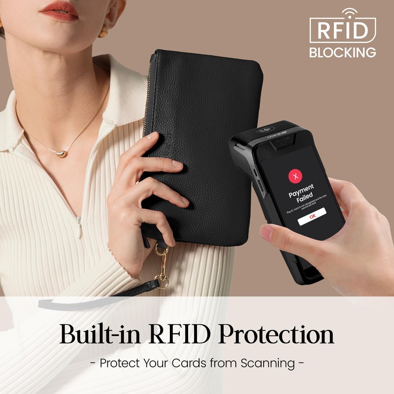 befen Black Genuine Leather Wristlet Clutch RFID Blocking Bag Cell