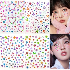 YUXIKIS Face Stickers 4 Pieces, Rhinestone Face, Glitter, Face Rhinestone Sticker, No Glue Required, Can Be Applied Directly