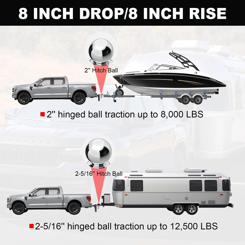 Adjustable Trailer Hitch Ball Mount 8 Inch Drop& Rise with
