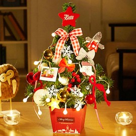 Christmas Tree Mini Artificial Xmas Tree Decoration with Christmas Ball Bow Ornament, 50cm Tabletop Christmas Tree for New Year Gift Home Office Desktop Decor Party (Style D)